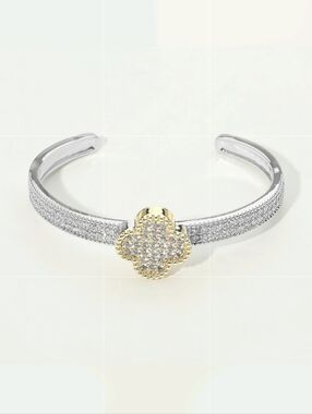 14k Gold Plated CZ Quatrefoil Clover Cuff Bracelet Bangle Metal 2 Tone Silver